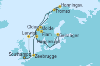Visitando Southampton (Inglaterra), Lerwick (Escocia), Molde (Noruega), Tromso (Noruega), Honningsvag (Noruega), Geiranger (Noruega), Olden (Noruega), Flam (Noruega), Haugesund (Noruega), Zeebrugge (Bruselas), Southampton (Inglaterra)