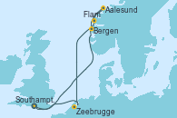Visitando Southampton (Inglaterra), Flam (Noruega), Aalesund (Noruega), Bergen (Noruega), Zeebrugge (Bruselas), Southampton (Inglaterra)