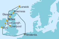 Visitando Ámsterdam (Holanda), Cork (Irlanda), Dun Laoghaire (Dublin/Irlanda), Liverpool (Reino Unido), Belfast (Irlanda), Glasgow (Escocia), Lerwick (Escocia), Inverness (Escocia), Ámsterdam (Holanda)
