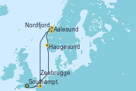 Visitando Southampton (Inglaterra), Haugesund (Noruega), Aalesund (Noruega), Nordfjordeid, Zeebrugge (Bruselas), Southampton (Inglaterra)