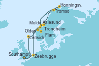 Visitando Southampton (Inglaterra), Lerwick (Escocia), Aalesund (Noruega), Trondheim (Noruega), Tromso (Noruega), Honningsvag (Noruega), Molde (Noruega), Olden (Noruega), Flam (Noruega), Zeebrugge (Bruselas), Southampton (Inglaterra)