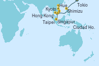 Visitando Tokio (Japón), Shimizu (Japón), Kyoto (Japón), Kyoto (Japón), Taipei (Taiwan), Hong Kong (China), Hue (Vietnam), Ciudad Ho Chi Minh (Vietnam), Singapur