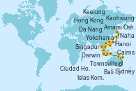 Visitando Sydney (Australia), Sydney (Australia), Townsville, Cairns (Australia), Darwin (Australia), Islas Komodo (Indonesia), Bali (Indonesia), Bali (Indonesia), Singapur, Singapur, Ciudad Ho Chi Minh (Vietnam), Da Nang (Vietnam), Hanoi (Vietnam), Hong Kong (China), Hong Kong (China), Kaohsiung (Taiwán), Keelung (Taiwán), Naha (Japón), Amami Oshima (Japón), Nagasaki (Japón), Nagasaki (Japón), Shimizu (Japón), Yokohama (Japón)