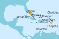 Visitando Miami (Florida/EEUU), Cockburn Town (Islas turcas y Caicos), Ocean Cay MSC Marine Reserve (Bahamas), Nassau (Bahamas), Miami (Florida/EEUU), Philipsburg (St. Maarten), Basseterre (Antillas), Charlotte Amalie (St. Thomas), Amber Cove (República Dominicana), Miami (Florida/EEUU)
