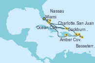 Visitando Miami (Florida/EEUU), San Juan (Puerto Rico), Basseterre (Antillas), Charlotte Amalie (St. Thomas), Amber Cove (República Dominicana), Miami (Florida/EEUU), Cockburn Town (Islas turcas y Caicos), Ocean Cay MSC Marine Reserve (Bahamas), Nassau (Bahamas), Miami (Florida/EEUU)