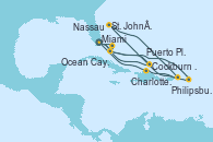 Visitando Miami (Florida/EEUU), Cockburn Town (Islas turcas y Caicos), Ocean Cay MSC Marine Reserve (Bahamas), Nassau (Bahamas), Miami (Florida/EEUU), Philipsburg (St. Maarten), St. John´s (Antigua y Barbuda), Charlotte Amalie (St. Thomas), Puerto Plata, Republica Dominicana, Miami (Florida/EEUU)