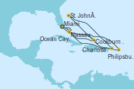 Visitando Miami (Florida/EEUU), Philipsburg (St. Maarten), St. John´s (Antigua y Barbuda), Charlotte Amalie (St. Thomas), Nassau (Bahamas), Miami (Florida/EEUU), Cockburn Town (Islas turcas y Caicos), Ocean Cay MSC Marine Reserve (Bahamas), Nassau (Bahamas), Miami (Florida/EEUU)