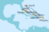 Visitando Miami (Florida/EEUU), Cockburn Town (Islas turcas y Caicos), Ocean Cay MSC Marine Reserve (Bahamas), Nassau (Bahamas), Miami (Florida/EEUU), Philipsburg (St. Maarten), St. John´s (Antigua y Barbuda), Charlotte Amalie (St. Thomas), Nassau (Bahamas), Miami (Florida/EEUU)