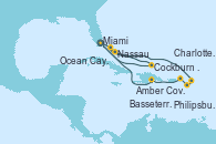 Visitando Miami (Florida/EEUU), Philipsburg (St. Maarten), Basseterre (Antillas), Charlotte Amalie (St. Thomas), Amber Cove (República Dominicana), Miami (Florida/EEUU), Nassau (Bahamas), Ocean Cay MSC Marine Reserve (Bahamas), Cockburn Town (Islas turcas y Caicos), Miami (Florida/EEUU)