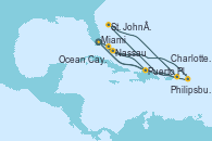 Visitando Miami (Florida/EEUU), Philipsburg (St. Maarten), St. John´s (Antigua y Barbuda), Charlotte Amalie (St. Thomas), Puerto Plata, Republica Dominicana, Miami (Florida/EEUU), Nassau (Bahamas), Ocean Cay MSC Marine Reserve (Bahamas), Puerto Plata, Republica Dominicana, Miami (Florida/EEUU)