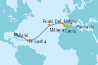 Visitando Miami (Florida/EEUU), Philipsburg (St. Maarten), Ponta Delgada (Azores), Lisboa (Portugal), Cádiz (España), Málaga, Palma de Mallorca (España)