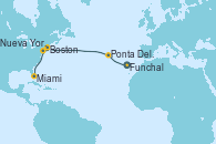 Visitando Funchal (Madeira), Ponta Delgada (Azores), Ponta Delgada (Azores), Boston (Massachusetts), Boston (Massachusetts), Nueva York (Estados Unidos), Miami (Florida/EEUU)