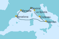Visitando Savona (Italia), Marsella (Francia), Barcelona, Nápoles (Italia), Civitavecchia (Roma), La Spezia, Florencia y Pisa (Italia)