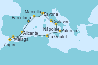 Visitando Barcelona, Alicante (España), Málaga, Tánger (Marruecos), La Goulette (Tunez), Palermo (Italia), Nápoles (Italia), Civitavecchia (Roma), Savona (Italia), Marsella (Francia), Barcelona