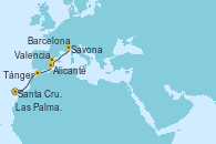 Visitando Santa Cruz de Tenerife (España), Las Palmas de Gran Canaria (España), Tánger (Marruecos), Alicante (España), Valencia, Barcelona, Savona (Italia)