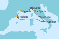 Visitando Savona (Italia), Marsella (Francia), Barcelona, Nápoles (Italia), Civitavecchia (Roma), La Spezia, Florencia y Pisa (Italia), Savona (Italia)