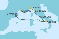 Visitando Barcelona, Nápoles (Italia), Civitavecchia (Roma), La Spezia, Florencia y Pisa (Italia), Savona (Italia), Marsella (Francia), Barcelona