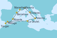 Visitando Savona (Italia), Marsella (Francia), Barcelona, Alicante (España), Málaga, Tánger (Marruecos), La Goulette (Tunez), Palermo (Italia), Civitavecchia (Roma), Savona (Italia)