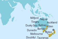Visitando Auckland (Nueva Zelanda), Tauranga (Nueva Zelanda), Napier (Nueva Zelanda), Picton (Australia), Timaru (Nueva Zelanda), Dunedin (Nueva Zelanda), Dusky Sound (Nueva Zelanda), Milfjord Sound (Nueva Zelanda), Doubtful Sound (Nueva Zelanda), Melbourne (Australia), Melbourne (Australia), Burnie (Tasmania/Australia), Eden (Nueva Gales), Sydney (Australia)