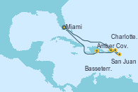 Visitando Miami (Florida/EEUU), San Juan (Puerto Rico), Basseterre (Antillas), Charlotte Amalie (St. Thomas), Amber Cove (República Dominicana), Miami (Florida/EEUU)
