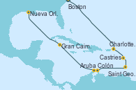 Visitando Boston (Massachusetts), Charlotte Amalie (St. Thomas), Castries (Santa Lucía/Caribe), Saint George (Grenada), Colón, Aruba (Antillas), Gran Caimán (Islas Caimán), Nueva Orleans (Luisiana)