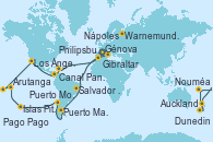 Visitando Génova (Italia), Marsella (Francia), Barcelona, Gibraltar (Inglaterra), Casablanca (Marruecos), Mindelo (Cabo Verde), Salvador de Bahía (Brasil), Río de Janeiro (Brasil), Río de Janeiro (Brasil), Buenos aires, Buenos aires, Puerto Madryn (Argentina), Islas Falkland (Puerto Stanley/Reino Unido), Ushuaia (Argentina), Ushuaia (Argentina), Puerto Montt (Chile), Valparaíso (Chile), Valparaíso (Chile), Isla Pascua (Chile), Islas Pitcairn (Pacífico), Papeete (Tahití), Papeete (Tahití), Moorea (Tahití), Arutanga (Aitutaki, Islas Cook), Rarotonga (Islas Cook), Bahía de las Islas (Nueva Zelanda), Auckland (Nueva Zelanda), Tauranga (Nueva Zelanda), Christchurch (Nueva Zelanda), Dunedin (Nueva Zelanda), Hobart (Australia), Hobart (Australia), Sydney (Australia), Sydney (Australia), Nouméa (Nueva Caledonia), Luganville (Vanuatu), Apia (Samoa), Pago Pago (Samoa), Honolulu (Hawai), Hilo (Hawai), Los Ángeles (California), Cabo San Lucas (México), Puntarenas (Costa Rica), Canal Panamá, Canal Panamá, Ocho Ríos (Jamaica), Road Town (Isla Tórtola/Islas Vírgenes), Philipsburg (St. Maarten), Las Palmas de Gran Canaria (España), Palma de Mallorca (España), Nápoles (Italia), Civitavecchia (Roma), Génova (Italia), Marsella (Francia), Barcelona, La Coruña (Galicia/España), Bilbao (España), La Rochelle (Francia), Brest (Francia), Warnemunde (Alemania)