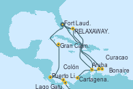 Visitando Fort Lauderdale (Florida/EEUU), RELAXAWAY HALF MOON CAY, Aruba (Antillas), Cartagena de Indias (Colombia), Lago Gatun (Panamá), Colón (Panamá), Puerto Limón (Costa Rica), Gran Caimán (Islas Caimán), Fort Lauderdale (Florida/EEUU), Bonaire (Países Bajos), Curacao (Antillas), Aruba (Antillas), RELAXAWAY HALF MOON CAY, Fort Lauderdale (Florida/EEUU)