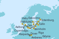 Visitando Dover (Inglaterra), Amberes (Bélgica), FARSUND, Oslo (Noruega), Gotemburgo (Suecia), Aalborg (Dinamarca), Copenhague (Dinamarca), Bornholm (Dinamarca), Visby (Suecia), Estocolmo (Suecia), Estocolmo (Suecia), Tallin (Estonia), Riga (Letonia), Klaipeda (Lituania), Gdynia (Polonia), Copenhague (Dinamarca)