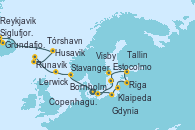 Visitando Copenhague (Dinamarca), Bornholm (Dinamarca), Visby (Suecia), Estocolmo (Suecia), Estocolmo (Suecia), Tallin (Estonia), Riga (Letonia), Klaipeda (Lituania), Gdynia (Polonia), Copenhague (Dinamarca), Stavanger (Noruega), Lerwick (Escocia), Tórshavn (Dinamarca), Runavík (Islas Feroe/Dinamarca), Husavik (Islandia), Siglufjordur (Islandia), Grundafjord (Islandia), Reykjavik (Islandia)