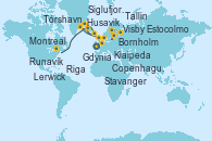Visitando Copenhague (Dinamarca), Bornholm (Dinamarca), Visby (Suecia), Estocolmo (Suecia), Estocolmo (Suecia), Tallin (Estonia), Riga (Letonia), Klaipeda (Lituania), Gdynia (Polonia), Copenhague (Dinamarca), Stavanger (Noruega), Lerwick (Escocia), Tórshavn (Dinamarca), Runavík (Islas Feroe/Dinamarca), Husavik (Islandia), Siglufjordur (Islandia), Grundafjord (Islandia), Reykjavik (Islandia), Grundafjord (Islandia), Ísafjörður (Islandia), Nanortalik (Groenlandia), Qaqortoq, Greeland, St. Anthony (Canadá), Gaspe (Canadá), Baie-Commeau (Quebec/Canadá), Quebec (Canadá), Montreal (Canadá)