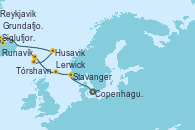 Visitando Copenhague (Dinamarca), Stavanger (Noruega), Lerwick (Escocia), Tórshavn (Dinamarca), Runavík (Islas Feroe/Dinamarca), Husavik (Islandia), Siglufjordur (Islandia), Grundafjord (Islandia), Reykjavik (Islandia)