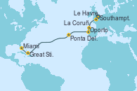Visitando Southampton (Inglaterra), Le Havre (Francia), La Coruña (Galicia/España), Oporto (Portugal), Ponta Delgada (Azores), Great Stirrup Cay (Bahamas), Miami (Florida/EEUU)