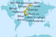 Visitando Lisboa (Portugal), Puerto Leixões (Portugal), Bilbao (España), Biarritz (Francia), Saint Malo (Francia), Portsmouth (Inglaterra), Dover (Inglaterra), Trondheim (Noruega), Brønnøysund (Noruega), Svolvaer (Lofoten/Noruega), Tromso (Noruega), Honningsvag (Noruega), Olden (Noruega), Bergen (Noruega), Ámsterdam (Holanda), Dover (Inglaterra)