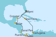 Visitando Miami (Florida/EEUU), Gran Caimán (Islas Caimán), Cartagena de Indias (Colombia), Canal Panamá, Colón (Panamá), Puerto Limón (Costa Rica), Belize (Caribe), Cozumel (México), Miami (Florida/EEUU)