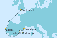 Visitando Palma de Mallorca (España), Barcelona, Valencia, Lisboa (Portugal), Southampton (Inglaterra)