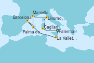 Visitando Palermo (Italia), La Valletta (Malta), Barcelona, Palma de Mallorca (España), Marsella (Francia), Livorno, Pisa y Florencia (Italia), Cagliari (Cerdeña), Palermo (Italia)