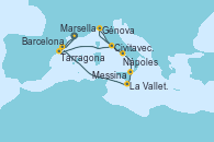 Visitando Marsella (Francia), Tarragona (España), Civitavecchia (Roma), Génova (Italia), Nápoles (Italia), Messina (Sicilia), La Valletta (Malta), Barcelona, Marsella (Francia)