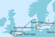 Visitando Southampton (Inglaterra), Le Havre (Francia), Zeebrugge (Bruselas), Ijmuiden (Ámsterdam), Warnemunde (Alemania), Gdynia (Polonia), Klaipeda (Lituania), Copenhague (Dinamarca)