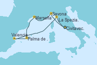 Visitando Civitavecchia (Roma), Savona (Italia), Marsella (Francia), Palma de Mallorca (España), Valencia, La Spezia, Florencia y Pisa (Italia), Civitavecchia (Roma)