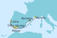 Visitando Barcelona, Gibraltar (Inglaterra), Lisboa (Portugal), Lisboa (Portugal), Cádiz (España), Málaga, Marsella (Francia)