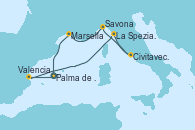 Visitando Palma de Mallorca (España), Valencia, La Spezia, Florencia y Pisa (Italia), Civitavecchia (Roma), Savona (Italia), Marsella (Francia), Palma de Mallorca (España)