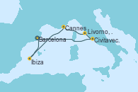 Visitando Barcelona, Civitavecchia (Roma), Livorno, Pisa y Florencia (Italia), Cannes (Francia), Ibiza (España), Ibiza (España), Barcelona
