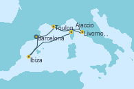 Visitando Barcelona, Toulon (Francia), Livorno, Pisa y Florencia (Italia), Ajaccio (Córcega), Ibiza (España), Ibiza (España), Barcelona