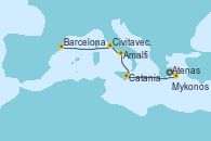 Visitando Atenas (Grecia), Mykonos (Grecia), Catania (Sicilia), Amalfi (Italia), Civitavecchia (Roma), Barcelona