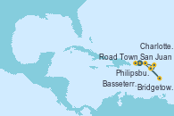 Visitando San Juan (Puerto Rico), Road Town (Isla Tórtola/Islas Vírgenes), Bridgetown (Barbados), Basseterre (Antillas), Philipsburg (St. Maarten), Charlotte Amalie (St. Thomas), San Juan (Puerto Rico)