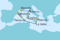 Visitando Livorno, Pisa y Florencia (Italia), Cagliari (Cerdeña), Palermo (Italia), La Valletta (Malta), Barcelona, Palma de Mallorca (España), Marsella (Francia), Livorno, Pisa y Florencia (Italia)