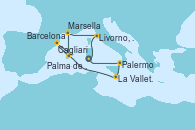 Visitando Cagliari (Cerdeña), Palermo (Italia), La Valletta (Malta), Barcelona, Palma de Mallorca (España), Marsella (Francia), Livorno, Pisa y Florencia (Italia), Cagliari (Cerdeña)