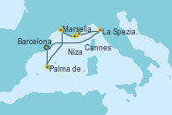 Visitando Barcelona, Palma de Mallorca (España), Marsella (Francia), Niza (Francia), Cannes (Francia), La Spezia, Florencia y Pisa (Italia), Barcelona
