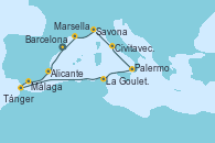 Visitando Barcelona, Alicante (España), Málaga, Tánger (Marruecos), La Goulette (Tunez), Palermo (Italia), Civitavecchia (Roma), Savona (Italia), Marsella (Francia), Barcelona