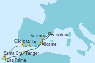 Visitando Barcelona, Málaga, Cádiz (España), Santa Cruz de Tenerife (España), Las Palmas de Gran Canaria (España), Tánger (Marruecos), Alicante (España), Valencia, Barcelona